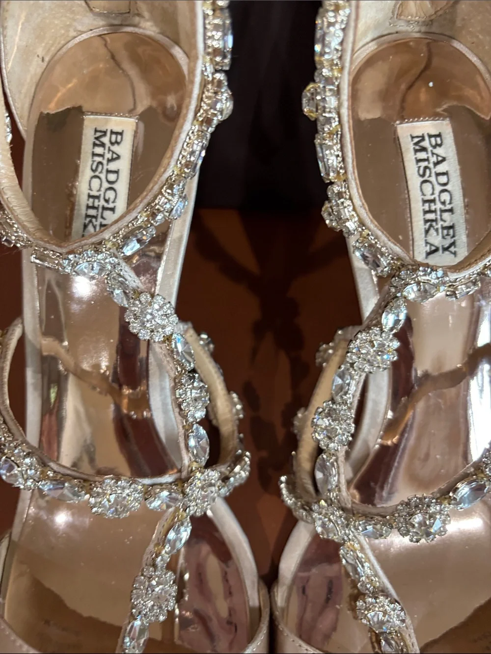 Badgley Mischka Champagne Satin Crystal Embellished Wedges